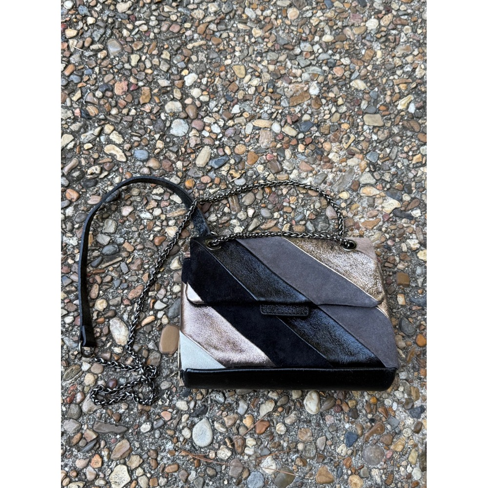 Genuine Leather Made in Italy Patchwork Suede Metallic Chain Crossbody Bag Black